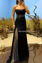 Essie Satin Rhinestone Patchwork Twist Waist Strapless Slit Maxi Dress