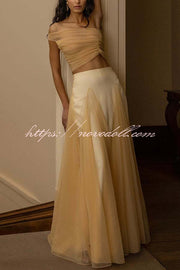 Romance Factor Satin Patchwork Tulle High Rise Elastic Waist A-line Maxi Skirt