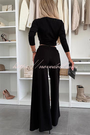 Solid Color Round Neck Long Sleeve Twist Crop Top and Elastic Waist Pocket Wide Leg Pants Set