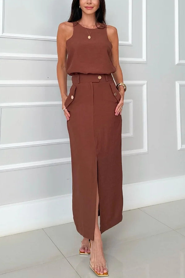 Office Lady Sleeveless Crewneck Top and Metal Button Pocket Slit Midi Skirt Set