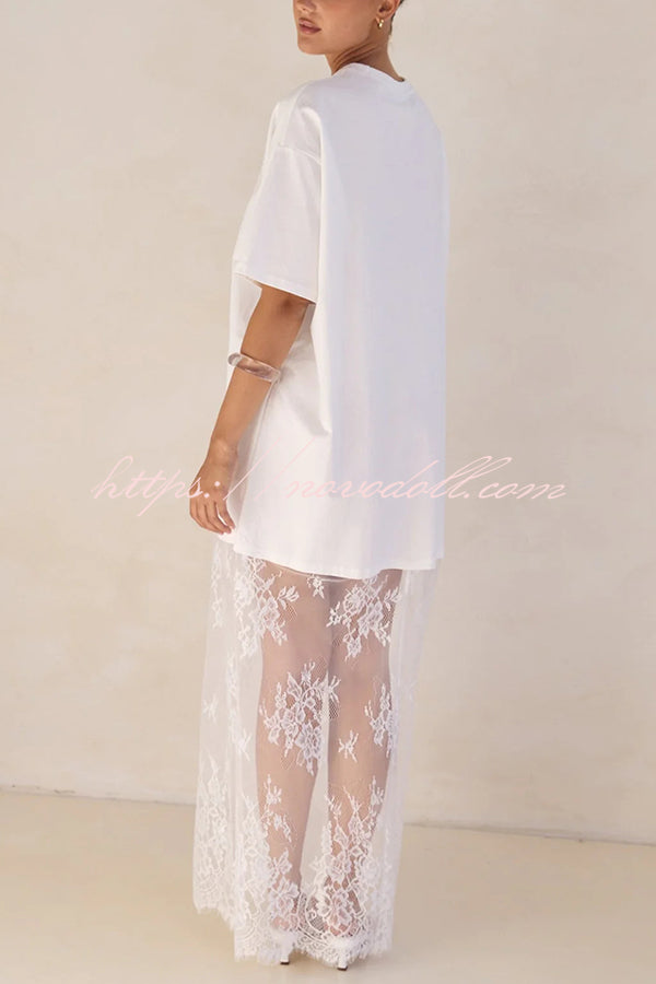 Ophelia Short Sleeve Sheer Floral Lace Hem Oversized T-shirt Maxi Dress