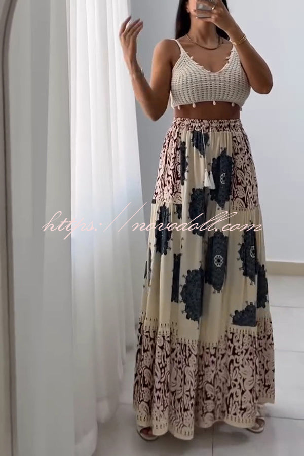 Unique Print Elastic High Waist Tie Pocket Holiday Style Wide Leg Pants