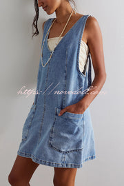 Solid Color Sleeveless V-neck Pocket Adjustable Denim Suspender Mini Dress