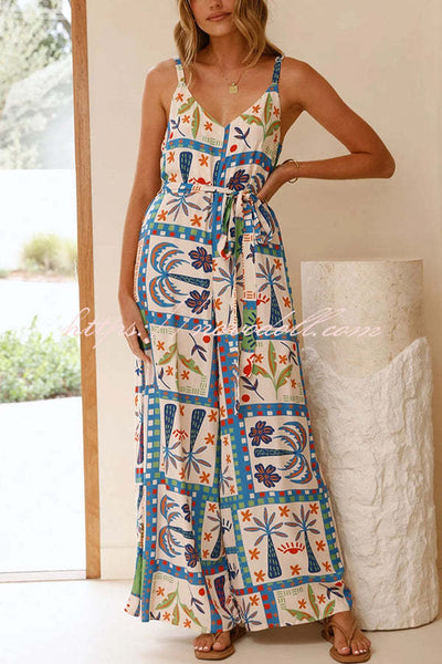 Unique Beach Vacation Print V-neck Suspenders Casual Wide-leg Jumpsuit