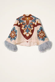 Bohemian Dreams Unique Print High Neck Feather Trim Bell Sleeve Top
