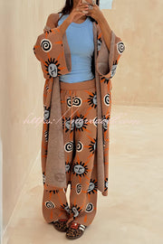 Mediterranean Art Knit Unique Sun Vortex Print Bell Sleeve Long Cardigan