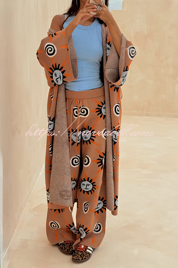 Mediterranean Art Knit Unique Sun Vortex Print Bell Sleeve Long Cardigan