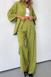 Solid Color Loose Casual Shirt and Elastic Waist Pocket Wide Leg Pants Set