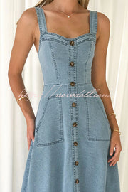 Solid Color Suspender Pocket Button Slim Denim Midi Dress