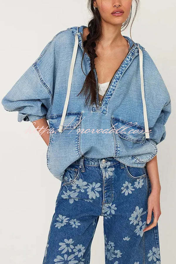 Fashion Loose Pocket Casual Denim Zipper Hoodie