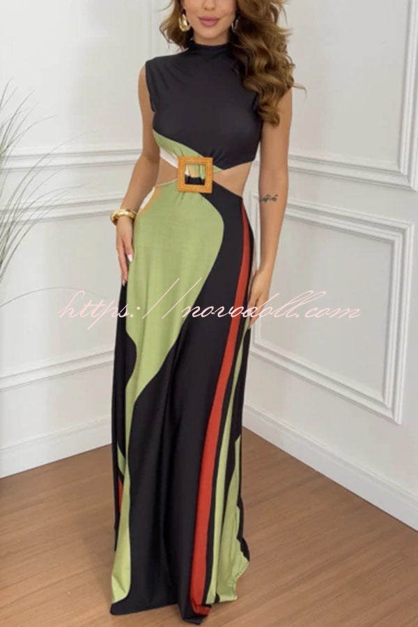 Bettie Printed High Neck Square Buckle Cutout Waist Maxi Dress