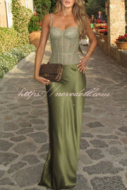 In A Fairytale Lace Satin Mid Rise Drape Maxi Skirt