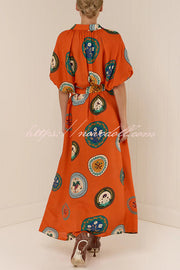 Linen Blend Unique Print Lapel Loose Tie Cardigan Maxi Dress