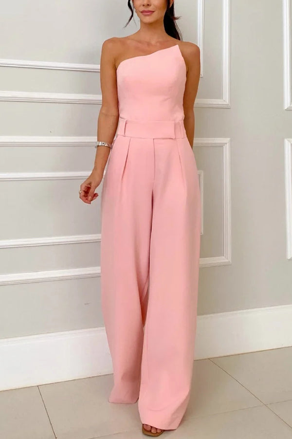 Elegant Bandeau Back Zip Cropped Top and High Waist Pocket Wide Leg Pants Set