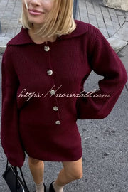 Fashion Lapel Bell Sleeve Knitted Cardigan and Casual Mini Skirt Set