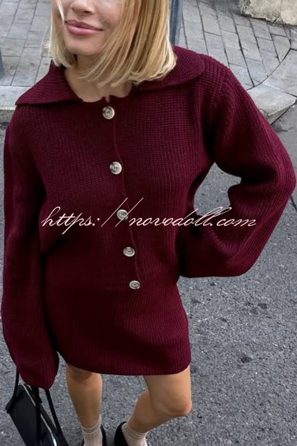 Fashion Lapel Bell Sleeve Knitted Cardigan and Casual Mini Skirt Set