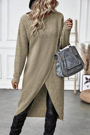 Solid Color Round Neck Long Sleeve Loose Slit Knitted Sweater