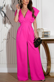 Solid Color V-neck Waist Casual Wide-leg Jumpsuit