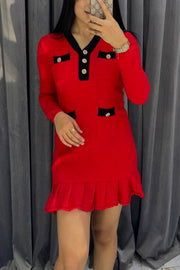 Stylish Waffle Contrast V-neck Ruffled Knitted Mini Dress