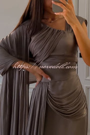 Solid Color Satin Sleeveless Waist Elegant Pleated Ribbon Maxi Dress