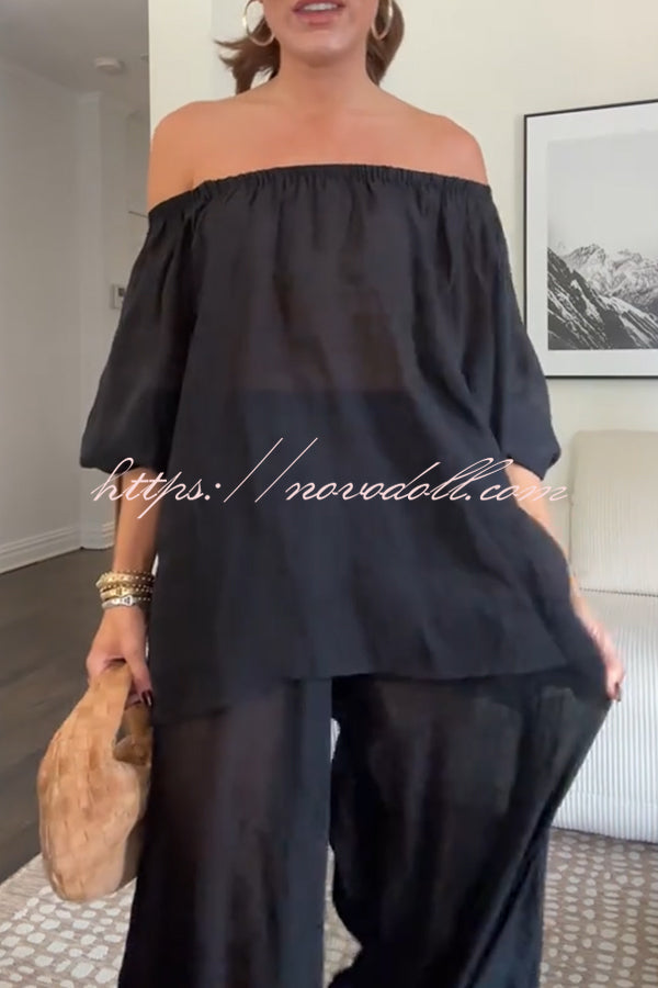 Comfortable Area Chiffon Off Shoulder Balloon Sleeve Top and Elastic Waist Knotted Bloomer Set