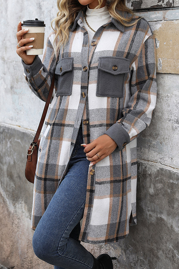 Retro Plaid Casual Long-sleeved Pocket Mid-length Coat