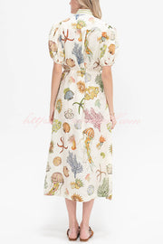 Beach Shell Print Puff Sleeve Tie-Waist Casual Midi Dress