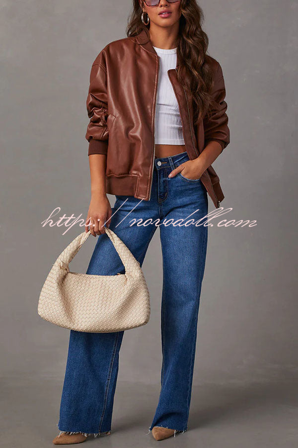 Solid Color Long Sleeve Loose Pocket Leather Jacket