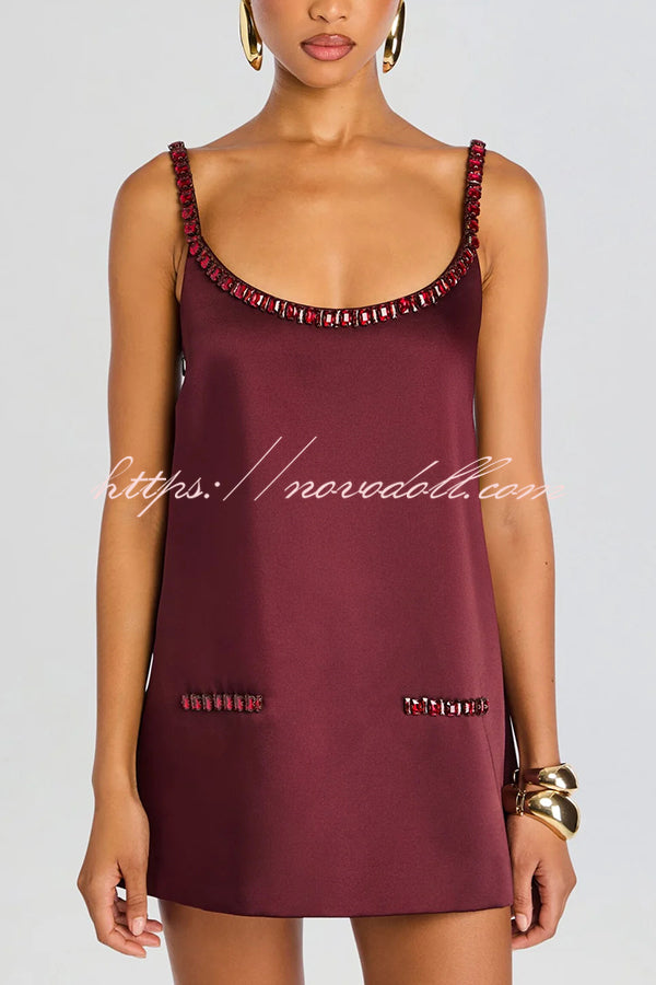 Taste Red Wine Satin Gemstone Trim Round Neck Slip H-line Mini Dress