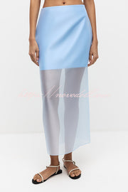 Simple and Light See-through Fabric Mid Rise Pencil Slit Midi Skirt