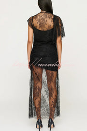 Romantic Statement Lace One Shoulder Bell Sleeve Asymmetrical Maxi Dress