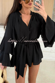 Molly Linen Blend Tiered Bell Sleeve Tie-up Cover-up Mini Dress