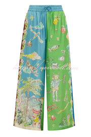 Unique Printed Lapel Short-sleeved Loose Shirt and Elastic Waist Tie Wide-leg Pants Set