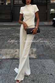 Pippa High Neck Short Sleeve Irregular Drape Hem Top and Elastic Waist Flare Pants Set