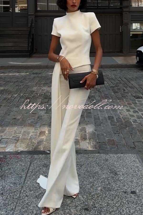 Pippa High Neck Short Sleeve Irregular Drape Hem Top and Elastic Waist Flare Pants Set