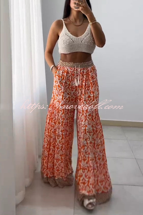 Unique Print Elastic High Waist Tie Pocket Wide Leg Pants