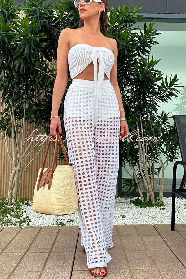 Riley Knit Front Knotted Bandeau and Stretch Hollow Out Wide Leg Pants Set