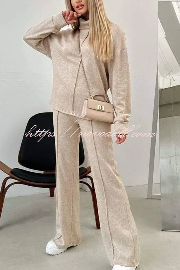 Solid Color Casual Knitted High Neck Long Sleeve Top and Elastic Waist Loose Pants Set