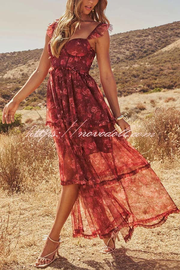 Romantic and Elegant Mesh Floral Back Smocked Tiered Ruffle Maxi Dress