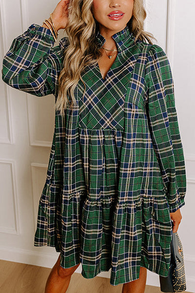 Plaid Print Loose V-Neck Long Sleeve Casual Mini Dress