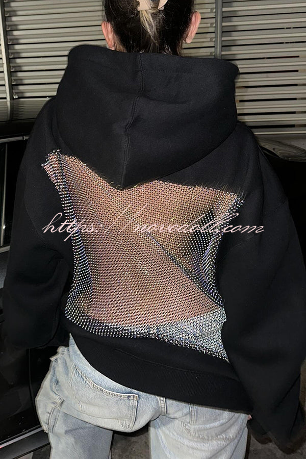 Fashionable Shiny Mesh Hollow Back Loose Long-sleeved Hooded Sweatshirt