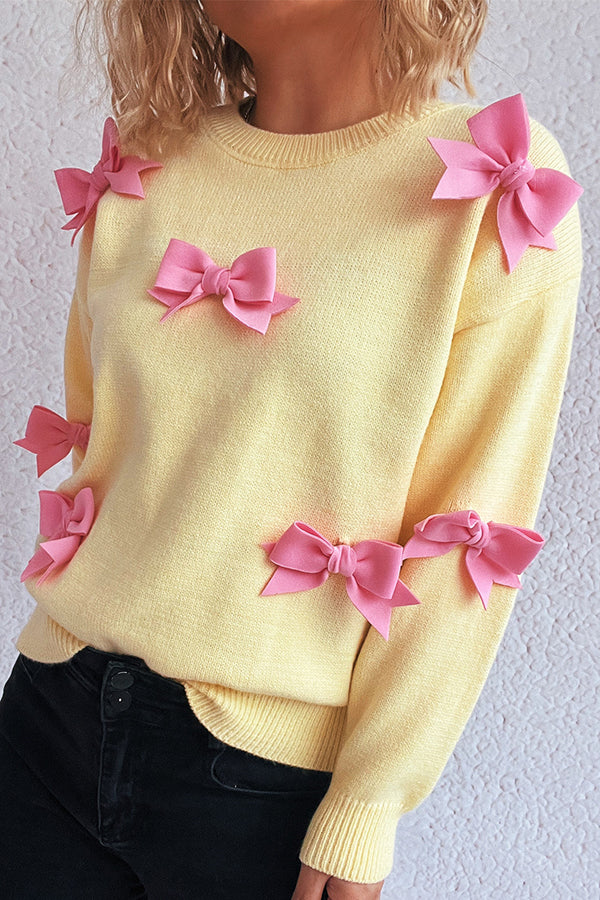 Sweet Bow-knot Casual Round Neck Long-sleeved Knit Sweater
