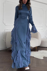 Cline Solid Color High Neck Long Sleeve Elegant Ruffles Maxi Dress