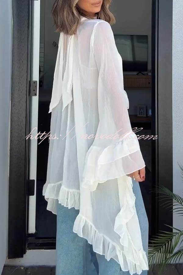 Flowy See-through Ruffle Tie-up Neck Bell Sleeve High-low Hem Cape Shirt