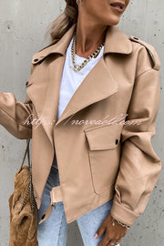 Stylish Leather Lapel Pocket British Style Cropped Jacket