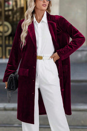 Solid Color Velvet Lapel Long-sleeved Casual Button Mid-length Coat