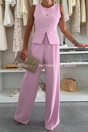 Workplace Chic Sleeveless Button Vest and Relaxed Pocket Wide Leg Pants Set
