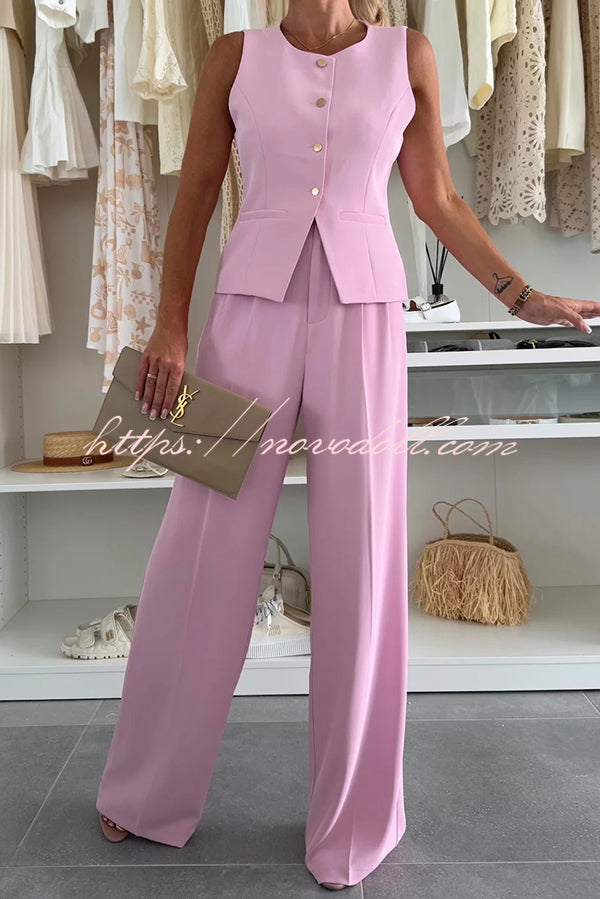 Workplace Chic Sleeveless Button Vest and Relaxed Pocket Wide Leg Pants Set