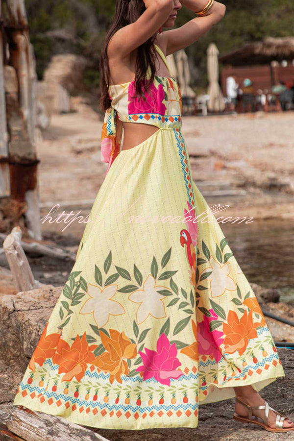 Resort Style Unique Print Sexy Square Neck Backless Waist Maxi Dress