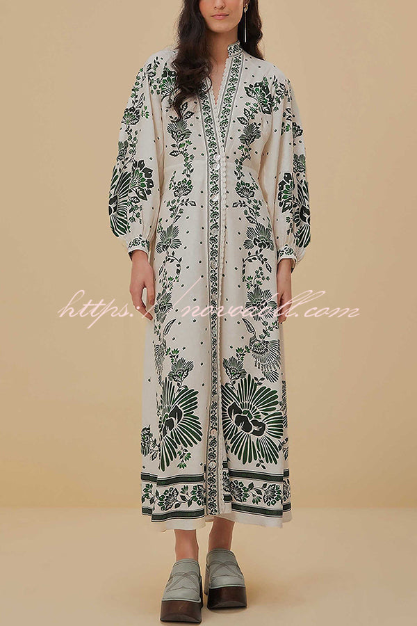 Forest Soul Unique Print Button Down Long Sleeve Shirt Maxi Dress